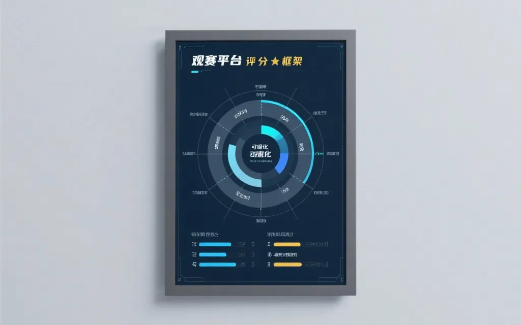 观赛平台评分框架可视化：雷达图与权重对比，呈现带宽、清晰度、延迟、多机位、解说、互动
